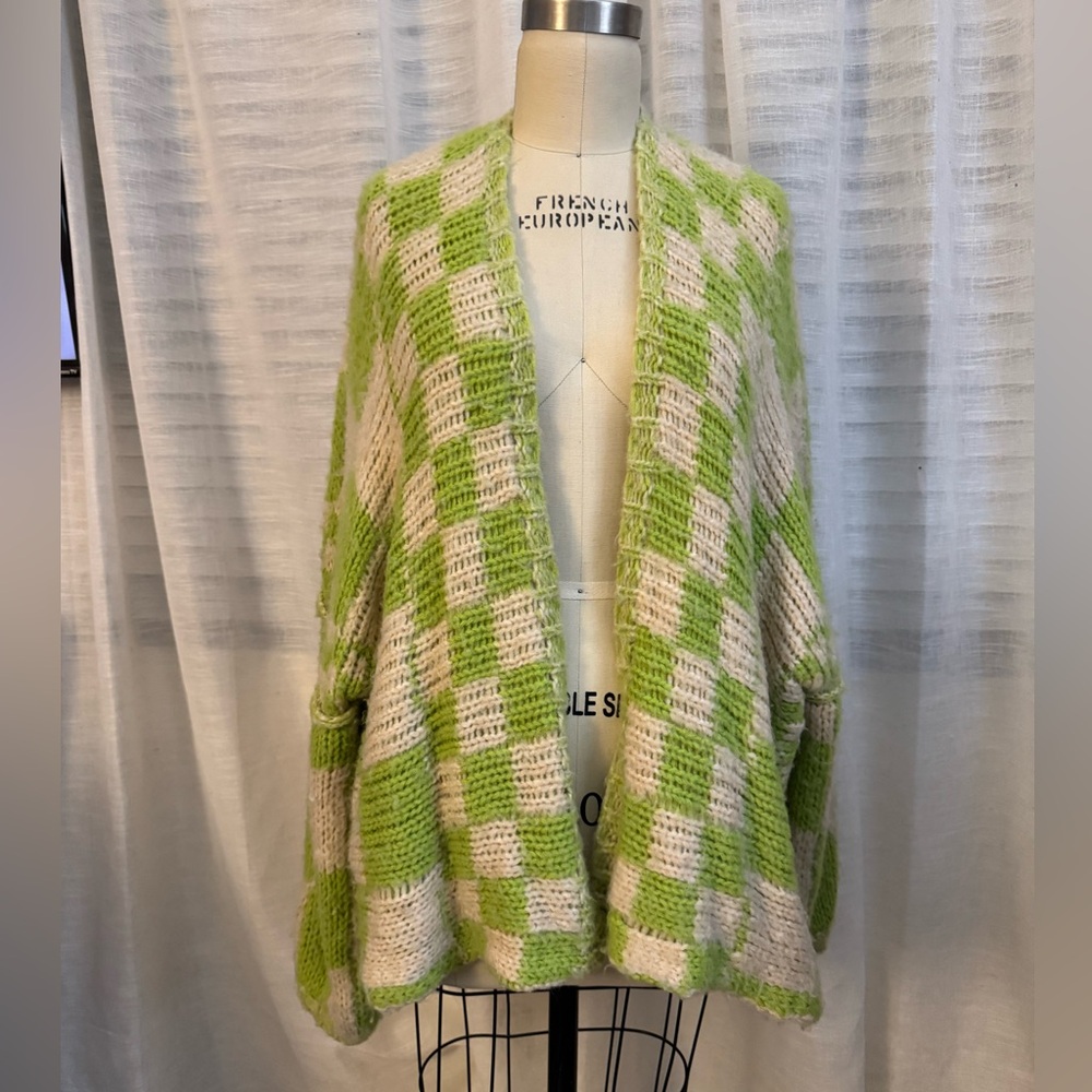 Free People Lime and Cream Checkered Cardigan - Picture 2 of 7